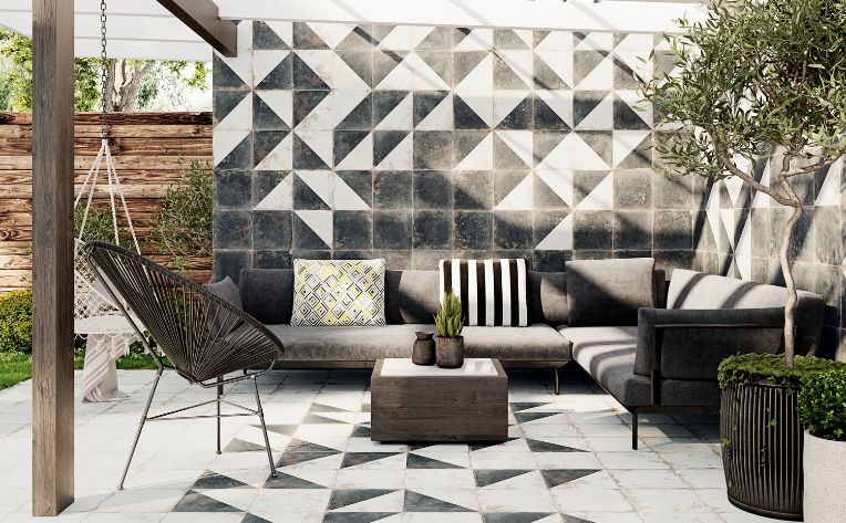 black and white outdoor tile on outdoor patio